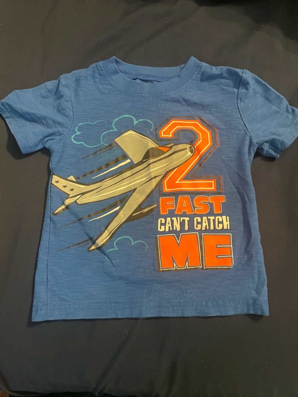 Kidgets Blue Tee with Metallic Silver Airplane and Orange Accents